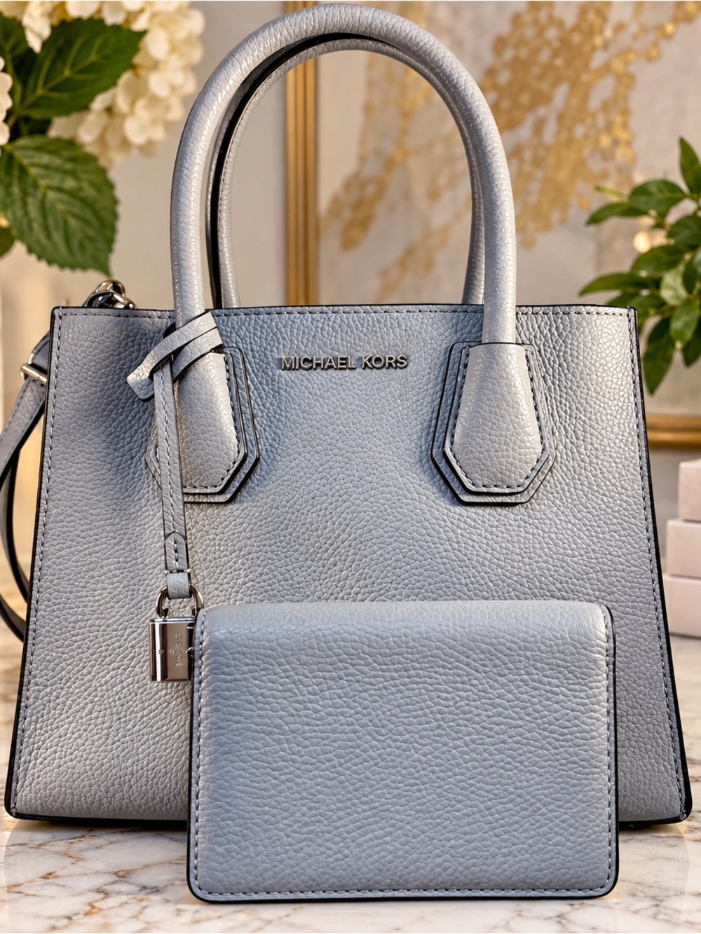 Gray Michael Kors Mercer Small Pebbled Leather Satchel and Trifold Wallet Set